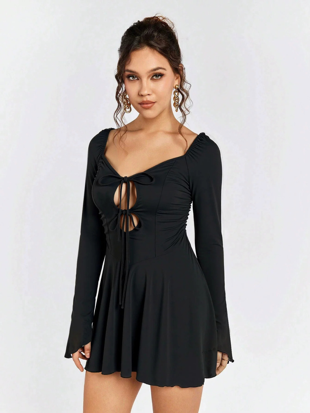 ZARA Sexy Lace Up Cutout Ruffle Trim Bodycon Mini Dress Fall Winter